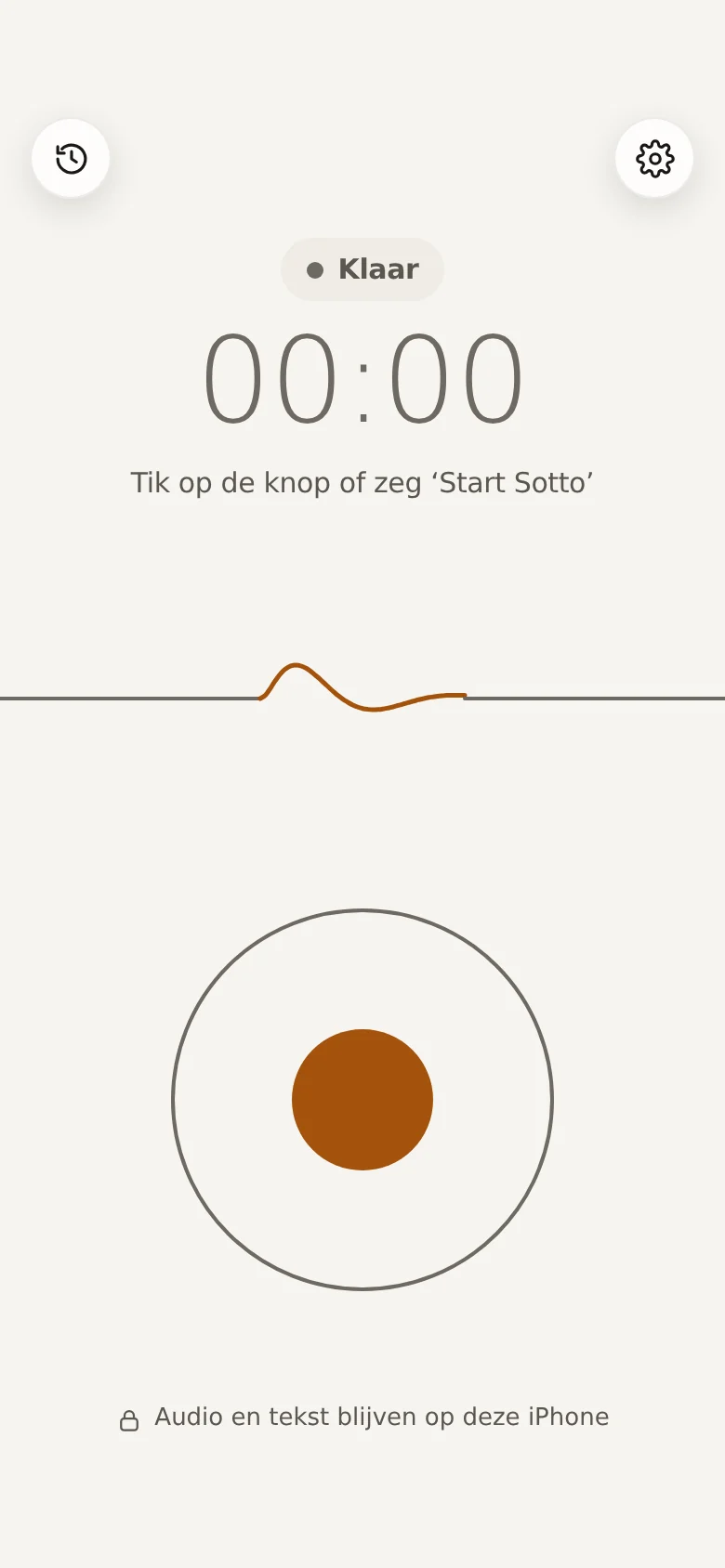 The Dicta Dork recording screen at rest: one big round button, ready to go.