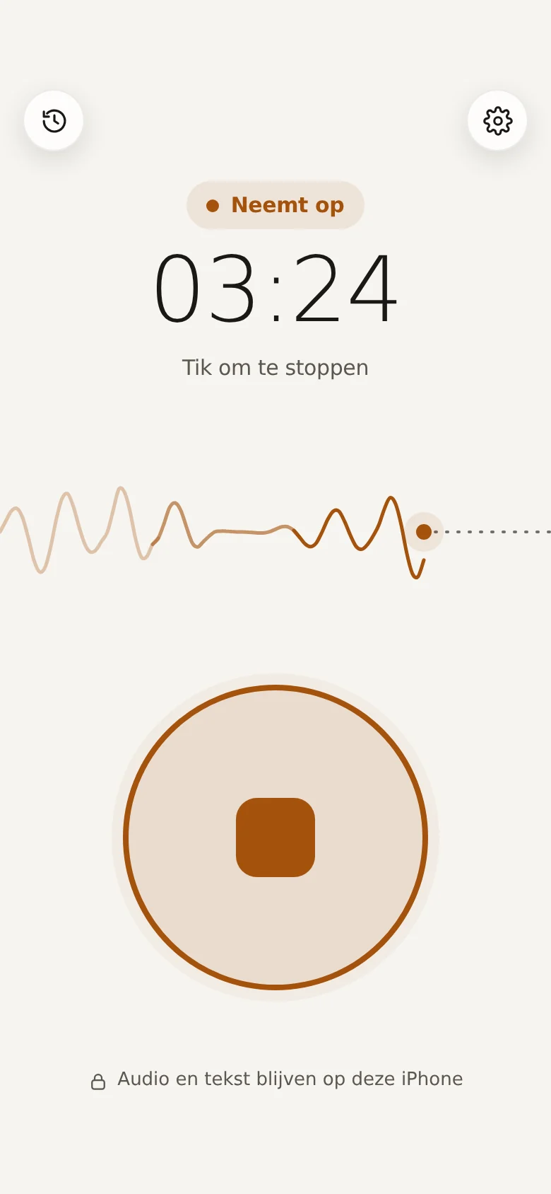 Dicta Dork recording: the timer reads 03:24 and the line moves with the voice.
